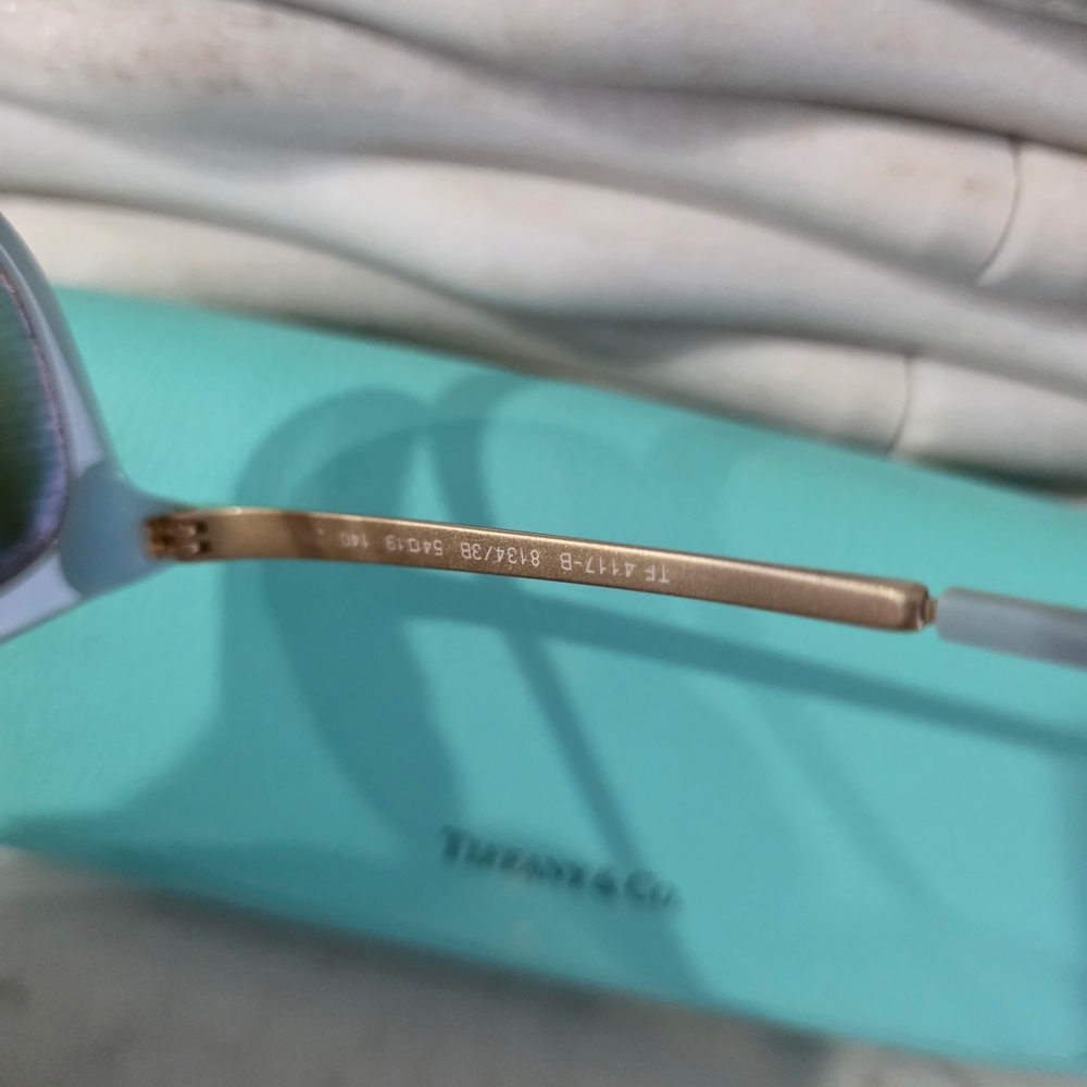 Tiffany & Co. Black Frame Sunglasses with Brown Lenses and Pale Blue Temple Tips - Picture 5 of 10